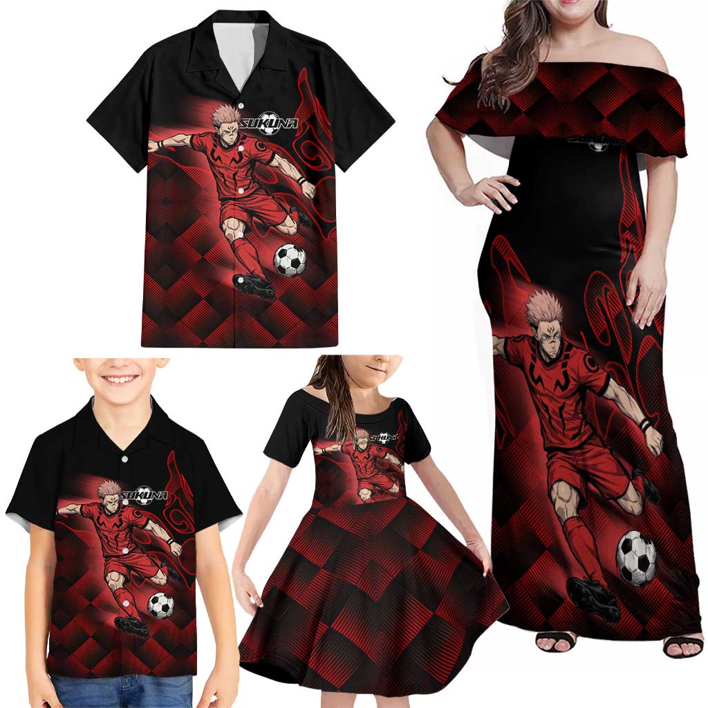 Personalized Sukuna Jujutsu Kaisen Soccer Theme Family Matching Off Shoulder Maxi Dress and Hawaiian Shirt with Powerful Kick Pose and Red Black Plaid Graphic Design