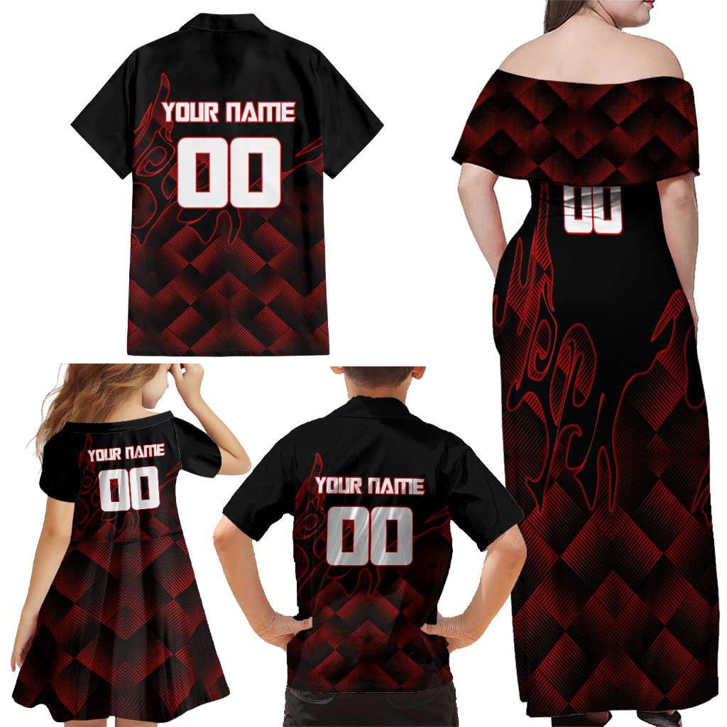 Personalized Sukuna Jujutsu Kaisen Soccer Theme Family Matching Off Shoulder Maxi Dress and Hawaiian Shirt with Powerful Kick Pose and Red Black Plaid Graphic Design