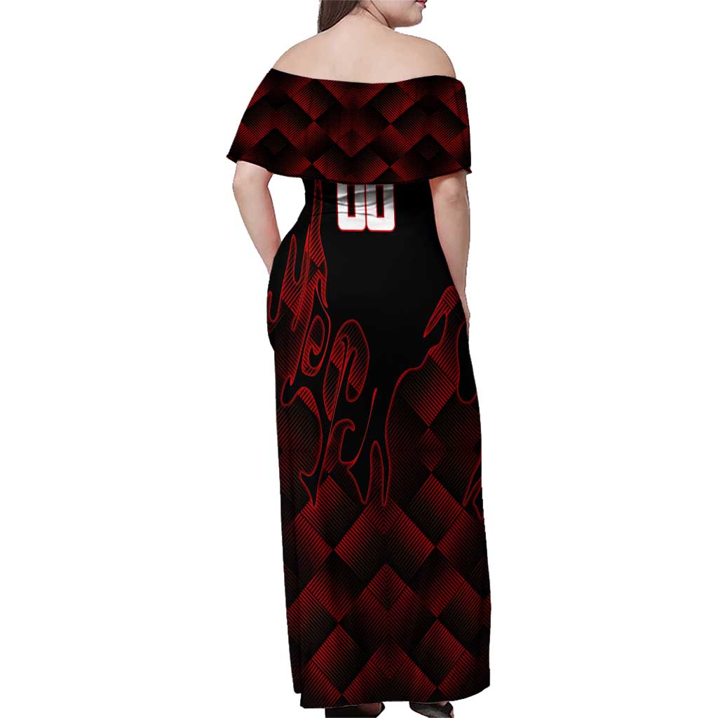 Personalized Sukuna Jujutsu Kaisen Soccer Theme Family Matching Off Shoulder Maxi Dress and Hawaiian Shirt with Powerful Kick Pose and Red Black Plaid Graphic Design