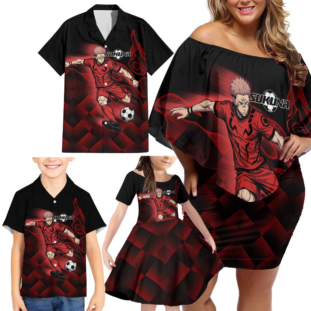 Personalized Sukuna Jujutsu Kaisen Soccer Theme Family Matching Off Shoulder Short Dress and Hawaiian Shirt with Powerful Kick Pose and Red Black Plaid Graphic Design