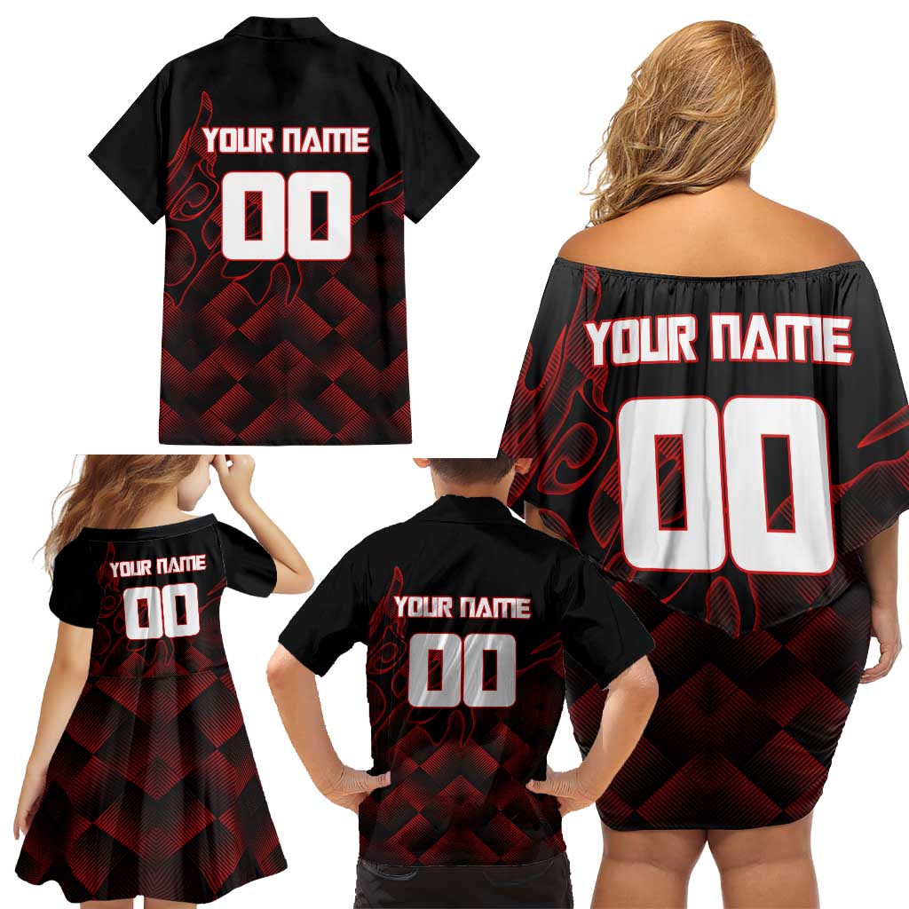 Personalized Sukuna Jujutsu Kaisen Soccer Theme Family Matching Off Shoulder Short Dress and Hawaiian Shirt with Powerful Kick Pose and Red Black Plaid Graphic Design