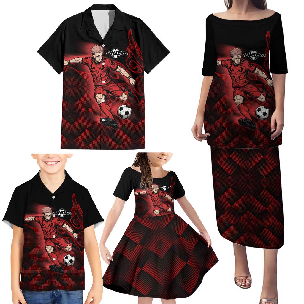Personalized Sukuna Jujutsu Kaisen Soccer Theme Family Matching Puletasi and Hawaiian Shirt with Powerful Kick Pose and Red Black Plaid Graphic Design