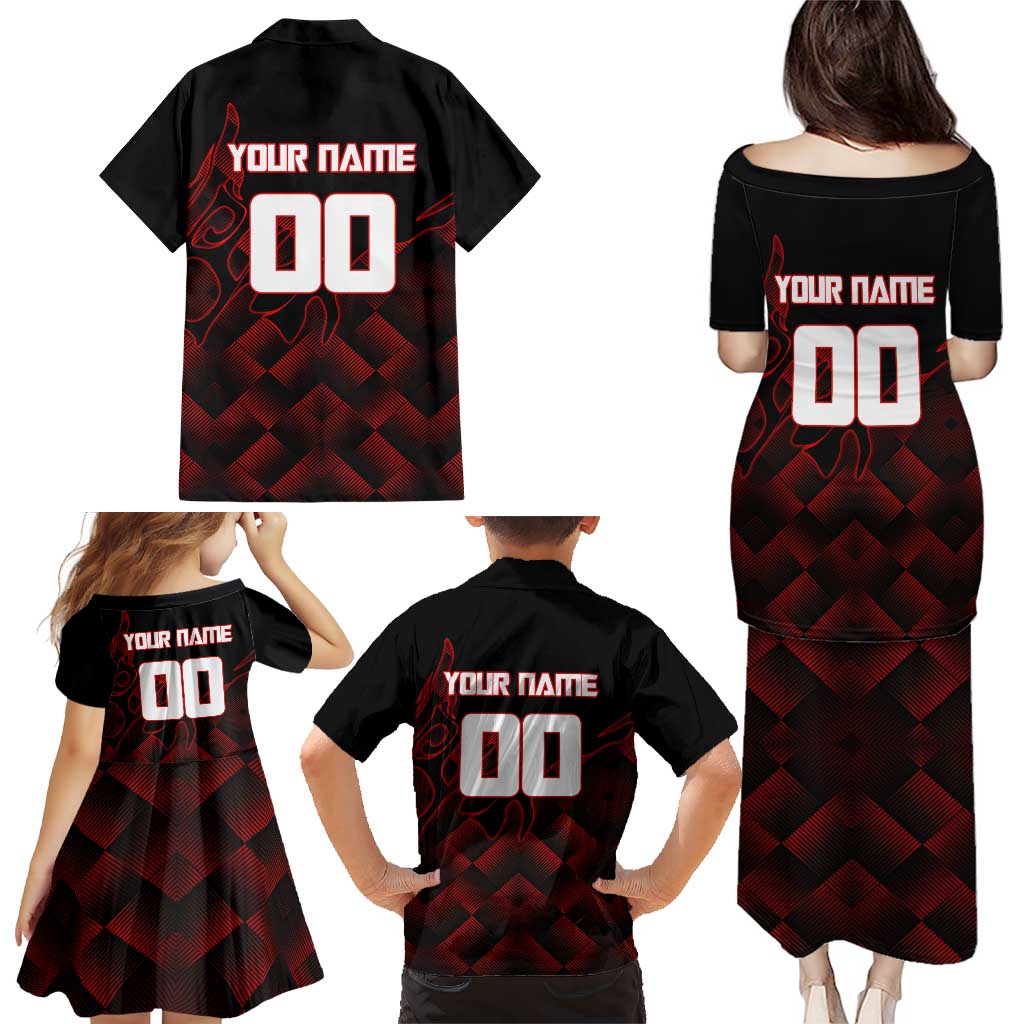 Personalized Sukuna Jujutsu Kaisen Soccer Theme Family Matching Puletasi and Hawaiian Shirt with Powerful Kick Pose and Red Black Plaid Graphic Design