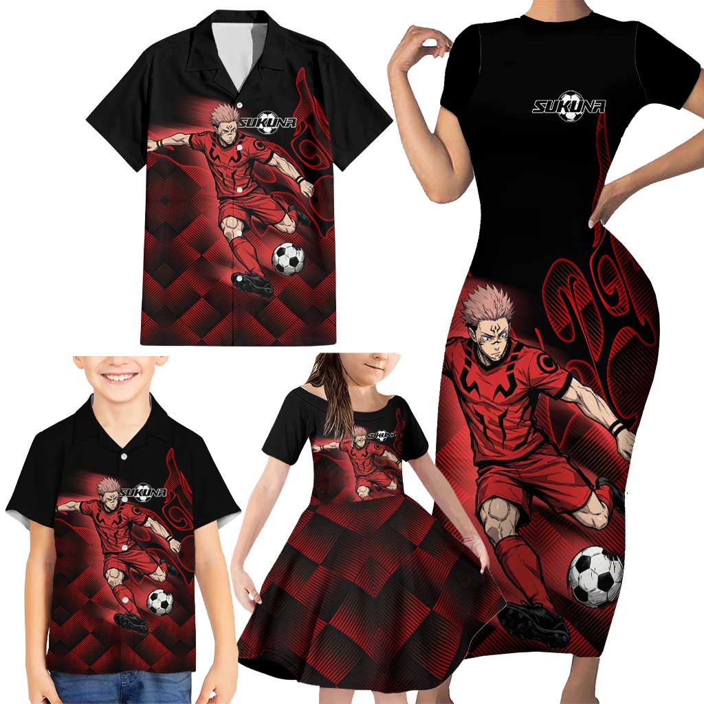 Personalized Sukuna Jujutsu Kaisen Soccer Theme Family Matching Short Sleeve Bodycon Dress and Hawaiian Shirt with Powerful Kick Pose and Red Black Plaid Graphic Design