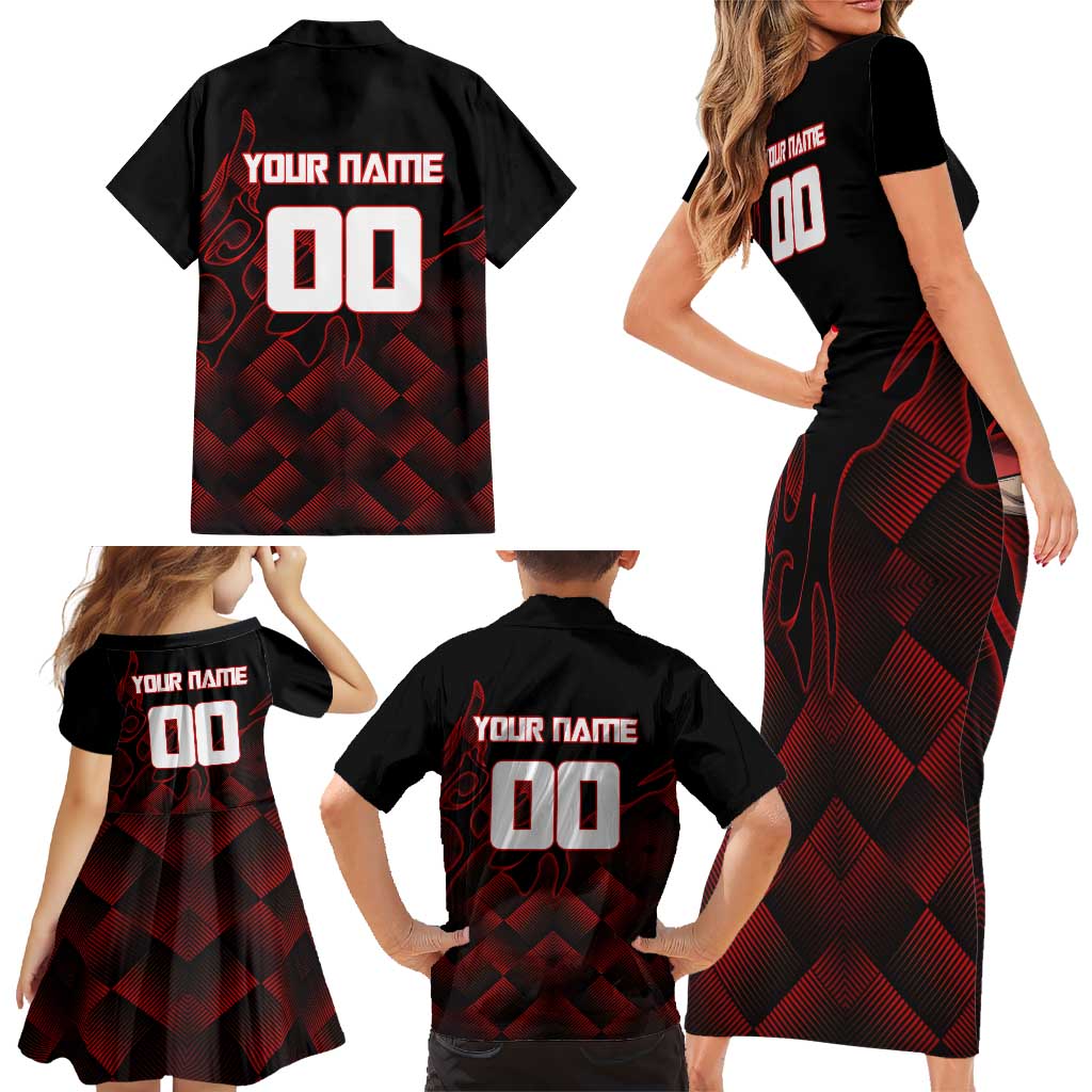 Personalized Sukuna Jujutsu Kaisen Soccer Theme Family Matching Short Sleeve Bodycon Dress and Hawaiian Shirt with Powerful Kick Pose and Red Black Plaid Graphic Design