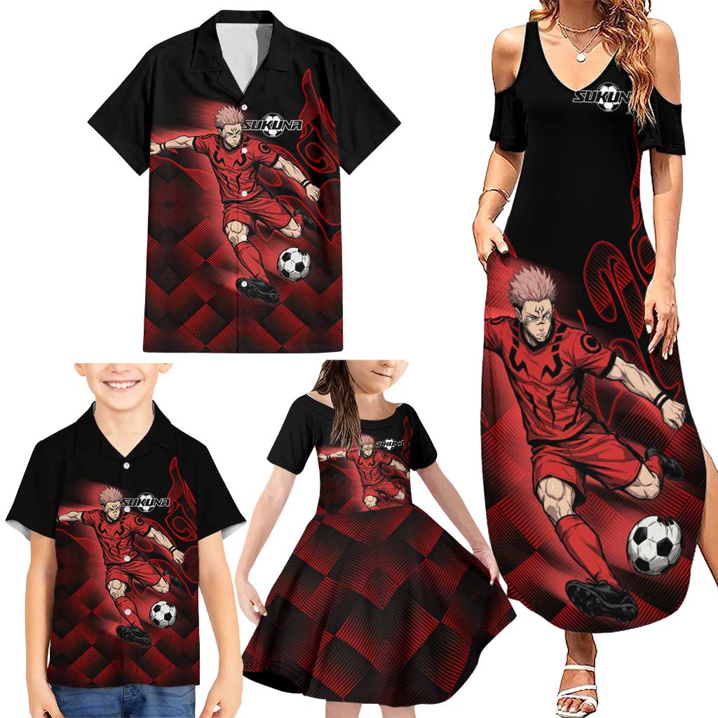 Personalized Sukuna Jujutsu Kaisen Soccer Theme Family Matching Summer Maxi Dress and Hawaiian Shirt with Powerful Kick Pose and Red Black Plaid Graphic Design