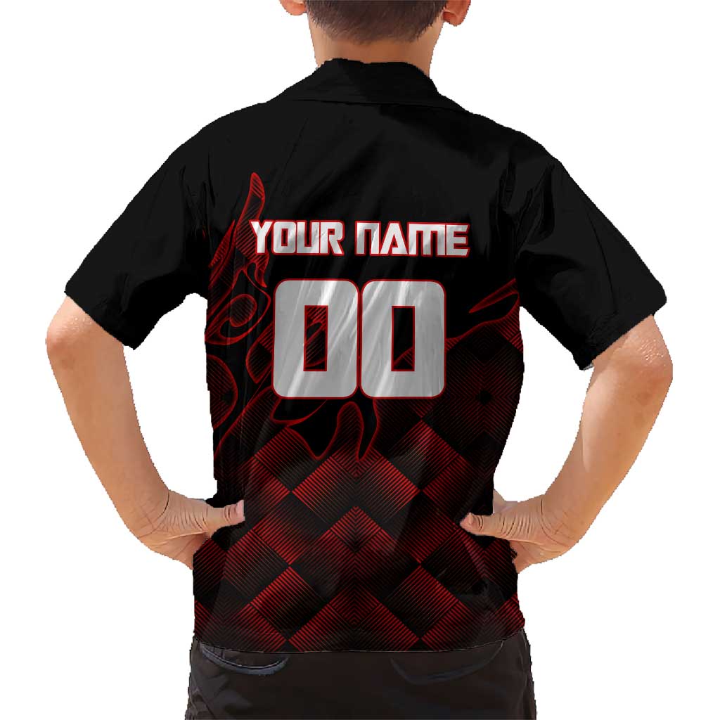 Personalized Sukuna Jujutsu Kaisen Soccer Theme Family Matching Summer Maxi Dress and Hawaiian Shirt with Powerful Kick Pose and Red Black Plaid Graphic Design