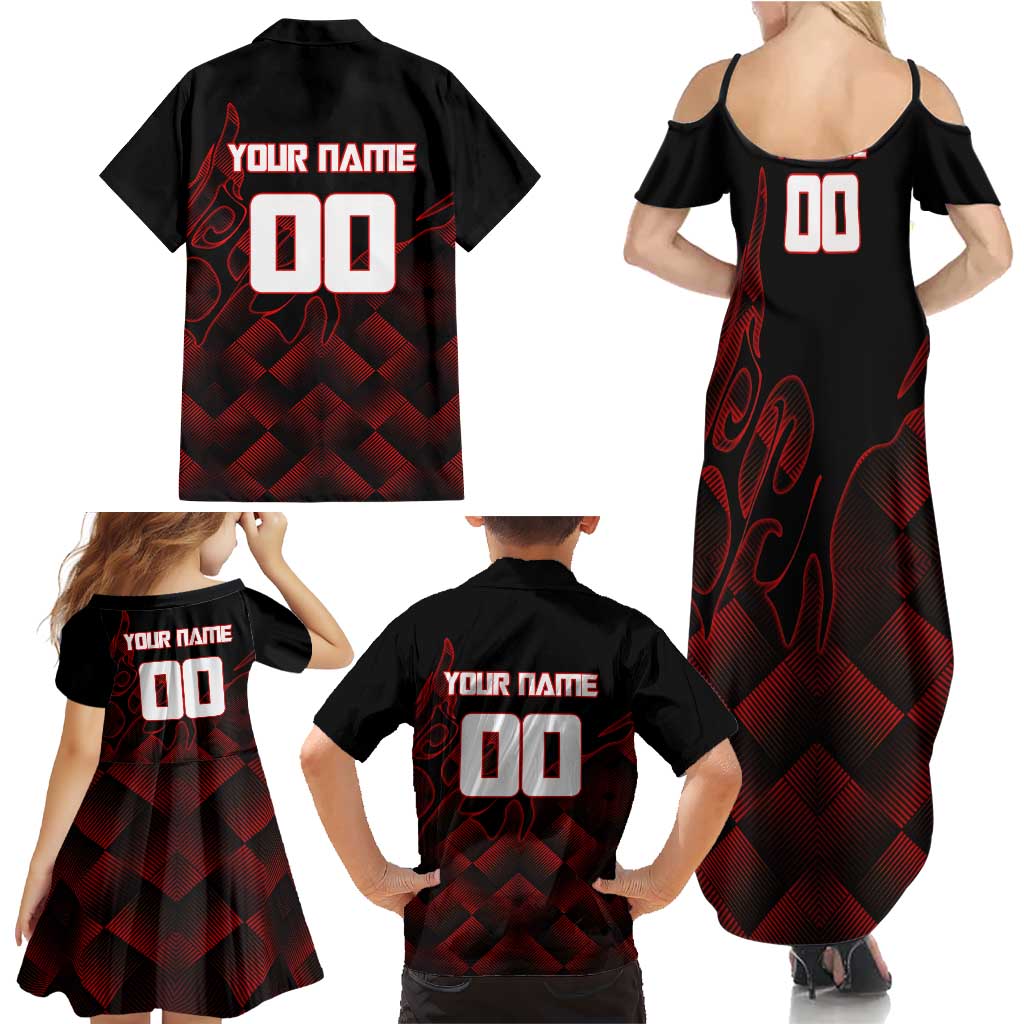 Personalized Sukuna Jujutsu Kaisen Soccer Theme Family Matching Summer Maxi Dress and Hawaiian Shirt with Powerful Kick Pose and Red Black Plaid Graphic Design