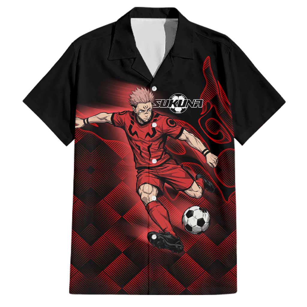 Personalized Sukuna Jujutsu Kaisen Soccer Theme Family Matching Summer Maxi Dress and Hawaiian Shirt with Powerful Kick Pose and Red Black Plaid Graphic Design