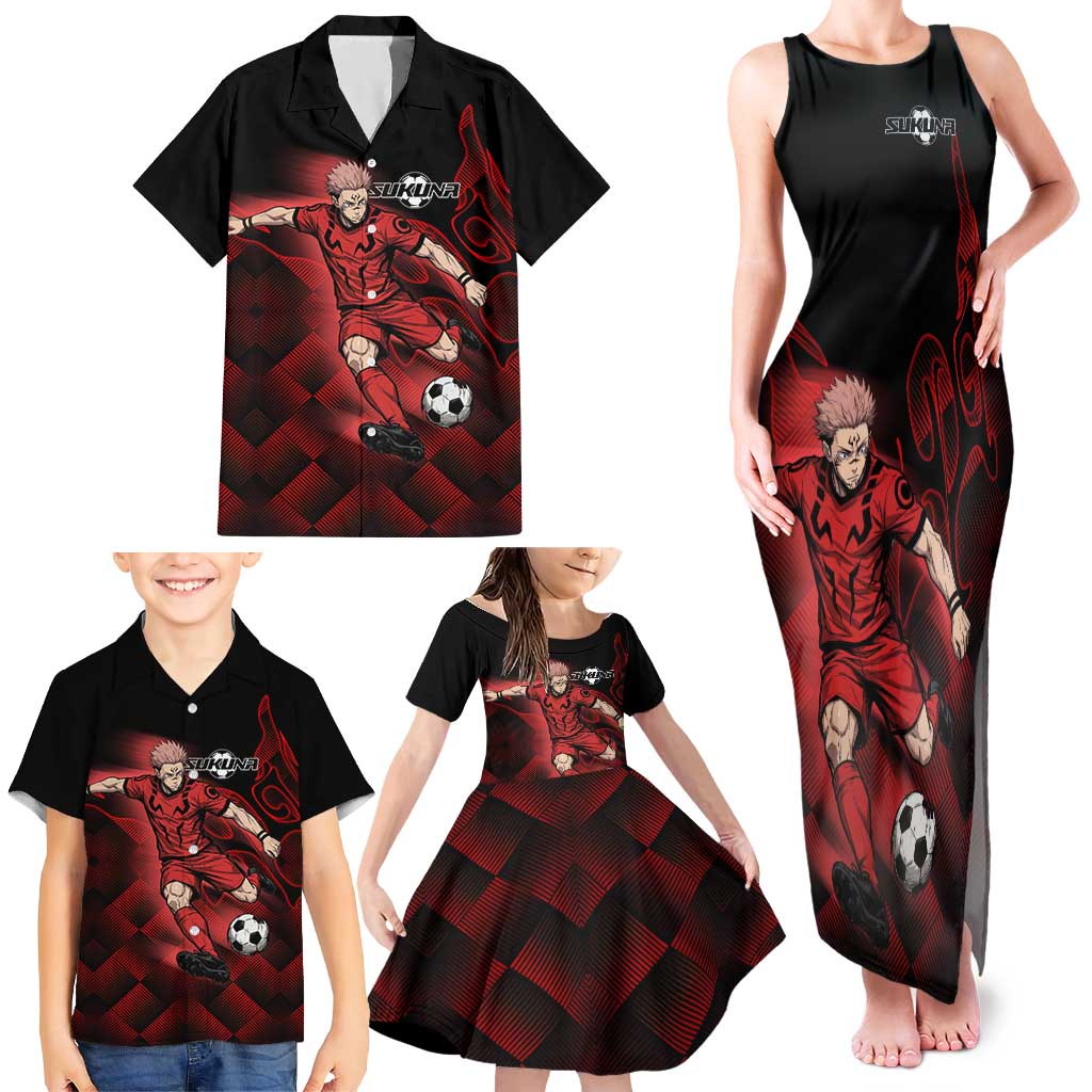 Personalized Sukuna Jujutsu Kaisen Soccer Theme Family Matching Tank Maxi Dress and Hawaiian Shirt with Powerful Kick Pose and Red Black Plaid Graphic Design