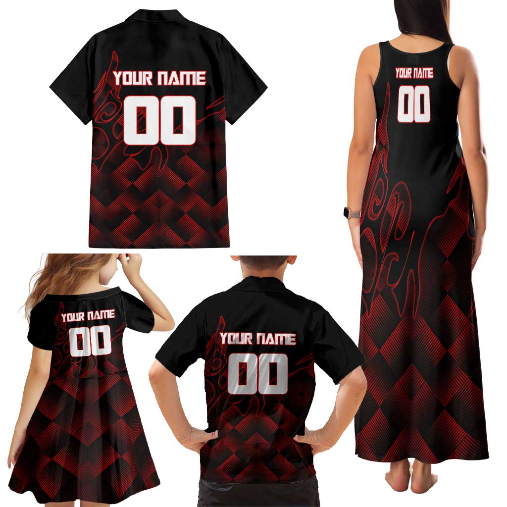 Personalized Sukuna Jujutsu Kaisen Soccer Theme Family Matching Tank Maxi Dress and Hawaiian Shirt with Powerful Kick Pose and Red Black Plaid Graphic Design