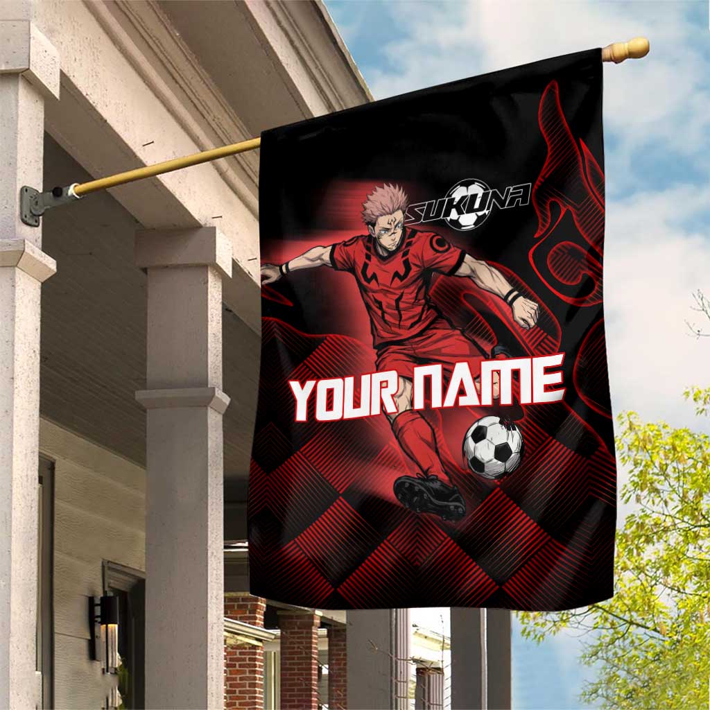 Personalized Sukuna Jujutsu Kaisen Soccer Theme Garden Flag with Powerful Kick Pose and Red Black Plaid Graphic Design - The Mazicc
