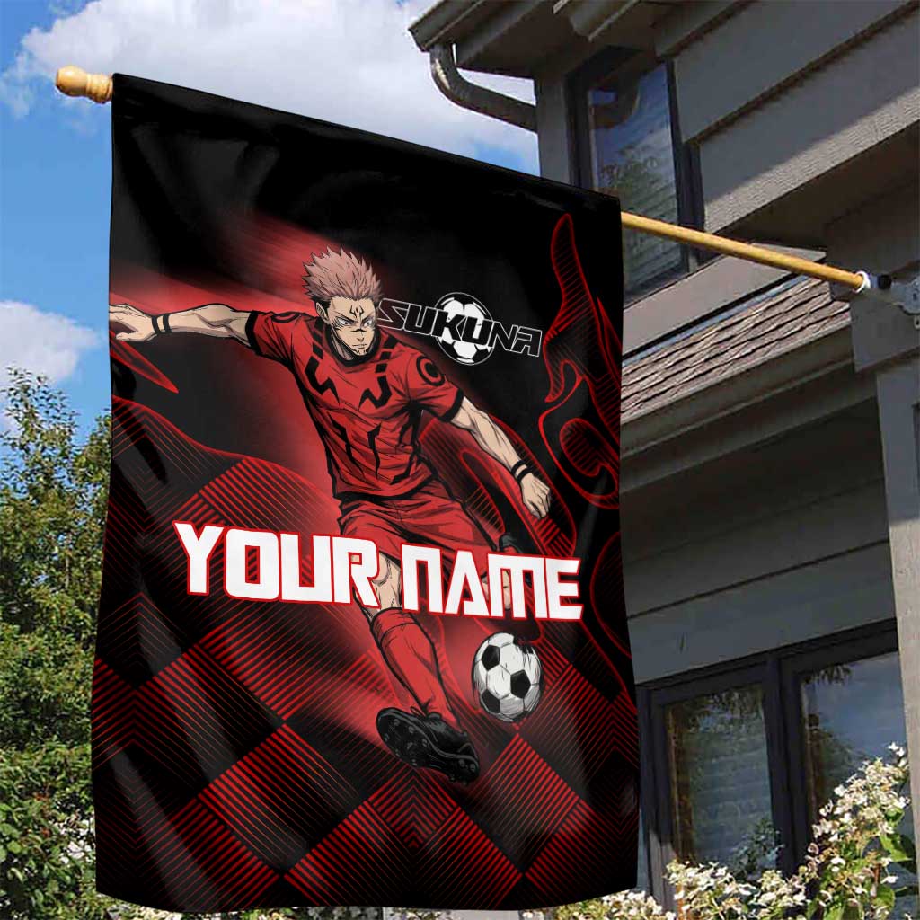 Personalized Sukuna Jujutsu Kaisen Soccer Theme Garden Flag with Powerful Kick Pose and Red Black Plaid Graphic Design - The Mazicc