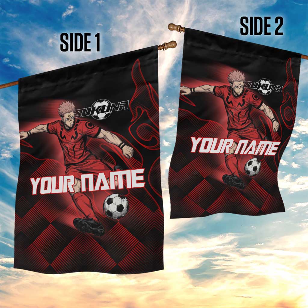 Personalized Sukuna Jujutsu Kaisen Soccer Theme Garden Flag with Powerful Kick Pose and Red Black Plaid Graphic Design - The Mazicc