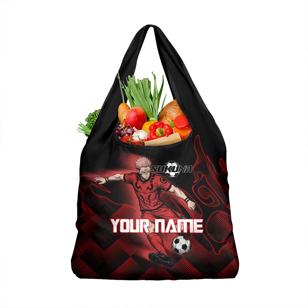 Personalized Sukuna Jujutsu Kaisen Soccer Theme Grocery Bag with Powerful Kick Pose and Red Black Plaid Graphic Design - The Mazicc