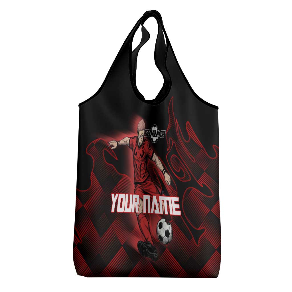 Personalized Sukuna Jujutsu Kaisen Soccer Theme Grocery Bag with Powerful Kick Pose and Red Black Plaid Graphic Design - The Mazicc