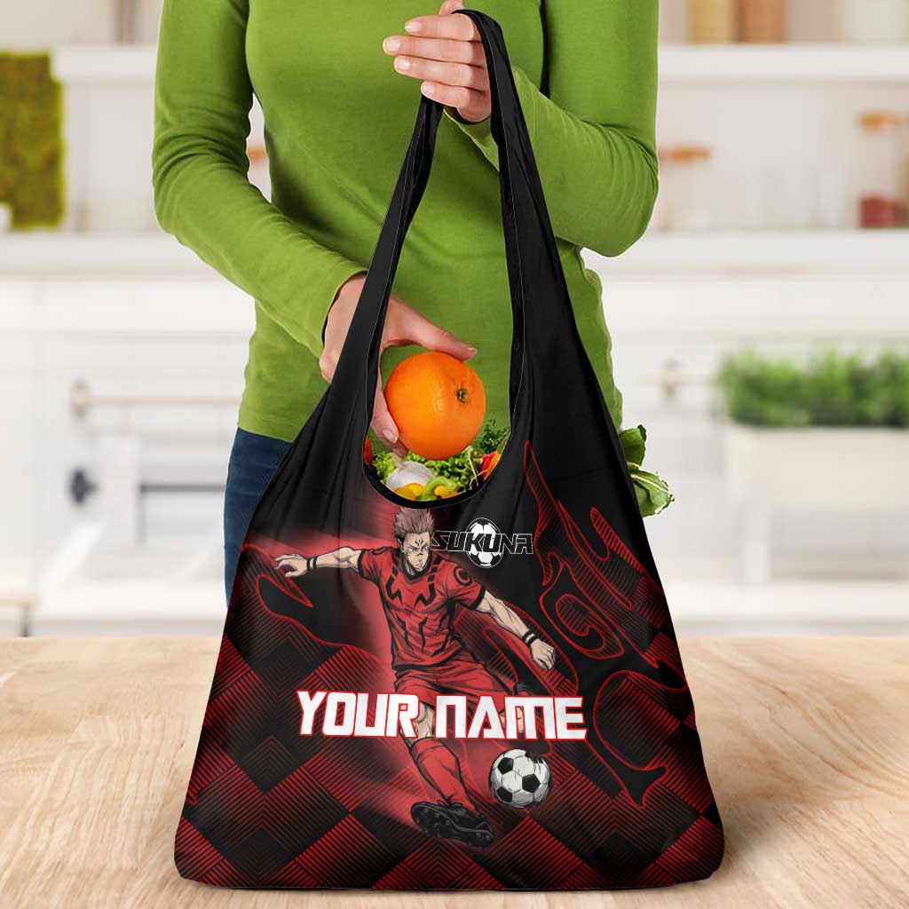 Personalized Sukuna Jujutsu Kaisen Soccer Theme Grocery Bag with Powerful Kick Pose and Red Black Plaid Graphic Design - The Mazicc