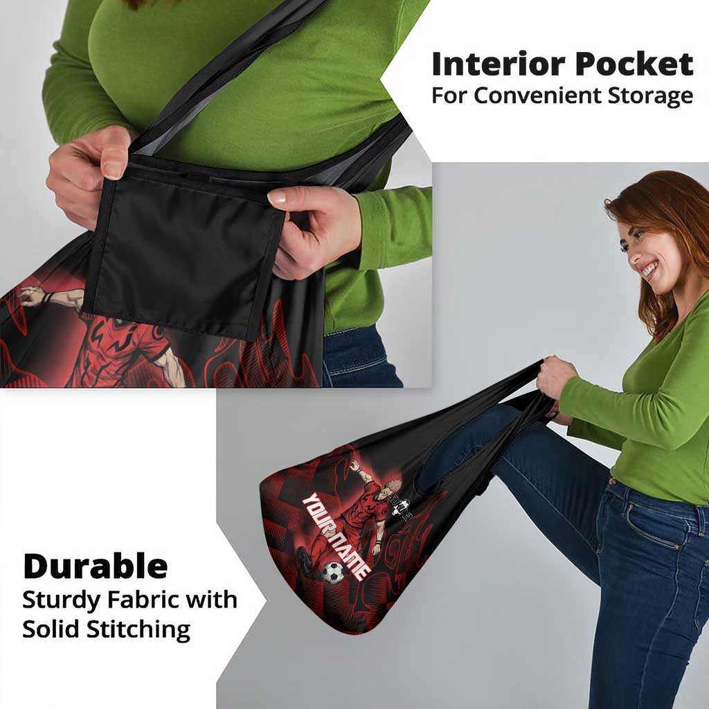 Personalized Sukuna Jujutsu Kaisen Soccer Theme Grocery Bag with Powerful Kick Pose and Red Black Plaid Graphic Design - The Mazicc