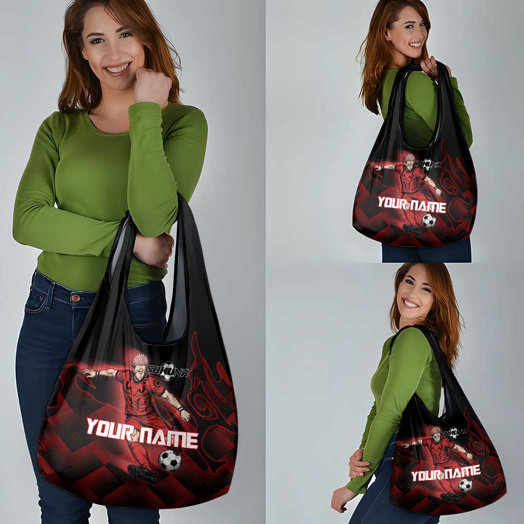 Personalized Sukuna Jujutsu Kaisen Soccer Theme Grocery Bag with Powerful Kick Pose and Red Black Plaid Graphic Design - The Mazicc