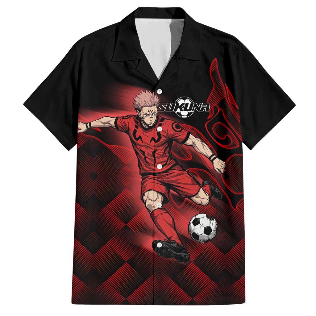 Personalized Sukuna Jujutsu Kaisen Soccer Theme Hawaiian Shirt with Powerful Kick Pose and Red Black Plaid Graphic Design - The Mazicc