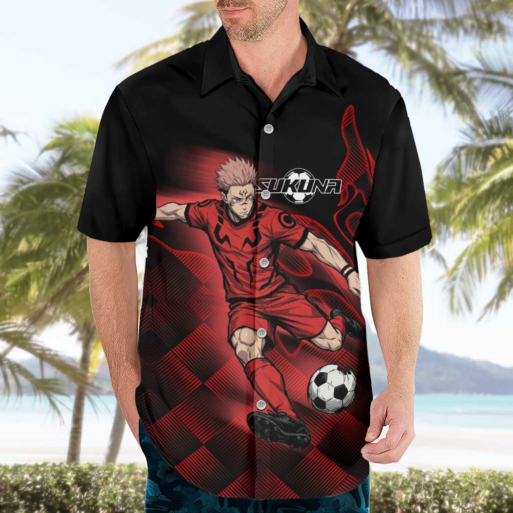 Personalized Sukuna Jujutsu Kaisen Soccer Theme Hawaiian Shirt with Powerful Kick Pose and Red Black Plaid Graphic Design - The Mazicc