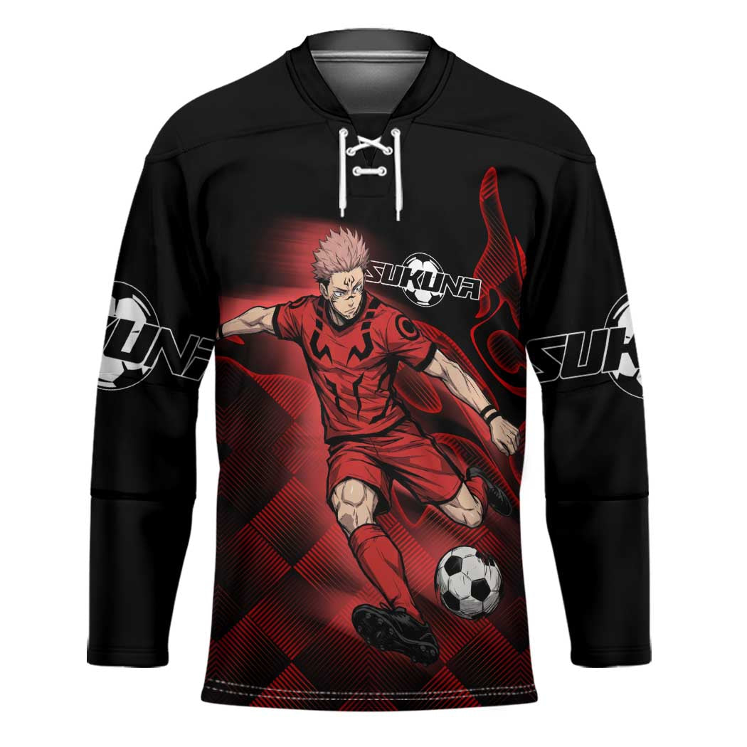 Personalized Sukuna Jujutsu Kaisen Soccer Theme Hockey Jersey with Powerful Kick Pose and Red Black Plaid Graphic Design - The Mazicc