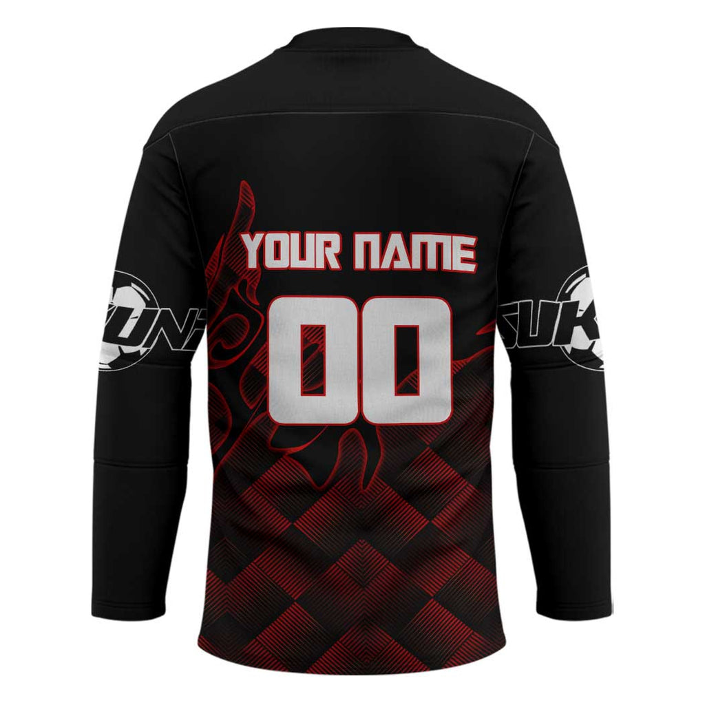 Personalized Sukuna Jujutsu Kaisen Soccer Theme Hockey Jersey with Powerful Kick Pose and Red Black Plaid Graphic Design - The Mazicc