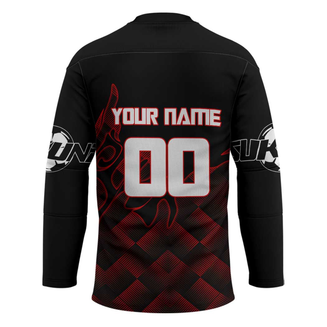 Personalized Sukuna Jujutsu Kaisen Soccer Theme Hockey Jersey with Powerful Kick Pose and Red Black Plaid Graphic Design - The Mazicc
