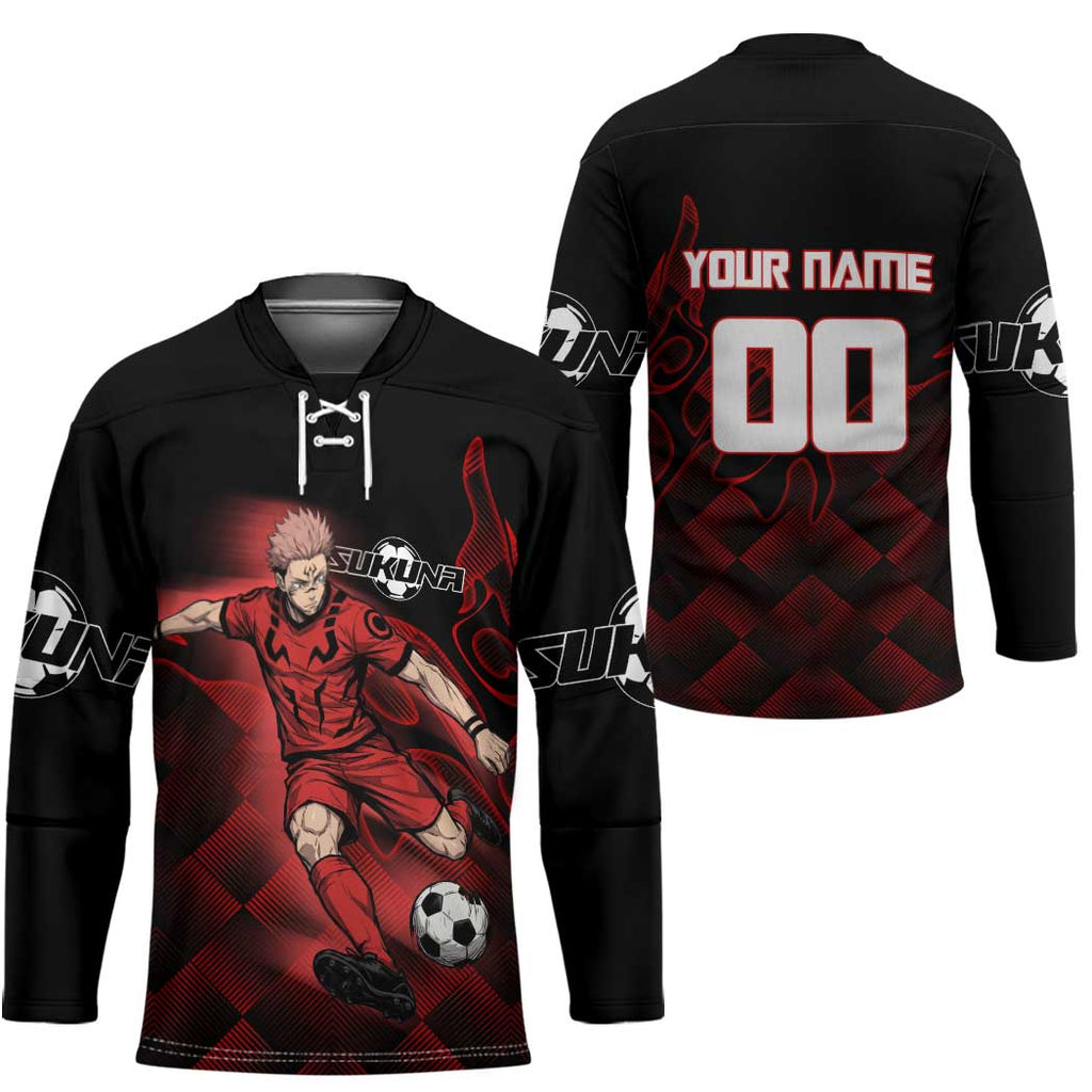 Personalized Sukuna Jujutsu Kaisen Soccer Theme Hockey Jersey with Powerful Kick Pose and Red Black Plaid Graphic Design - The Mazicc