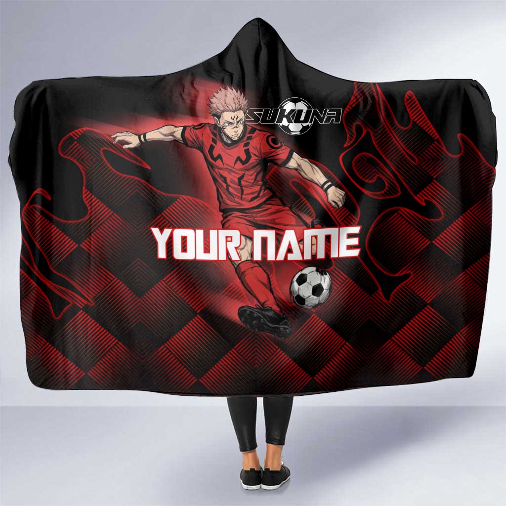 Personalized Sukuna Jujutsu Kaisen Soccer Theme Hooded Blanket with Powerful Kick Pose and Red Black Plaid Graphic Design - The Mazicc