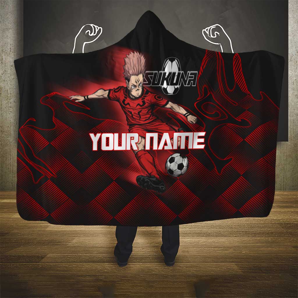 Personalized Sukuna Jujutsu Kaisen Soccer Theme Hooded Blanket with Powerful Kick Pose and Red Black Plaid Graphic Design - The Mazicc