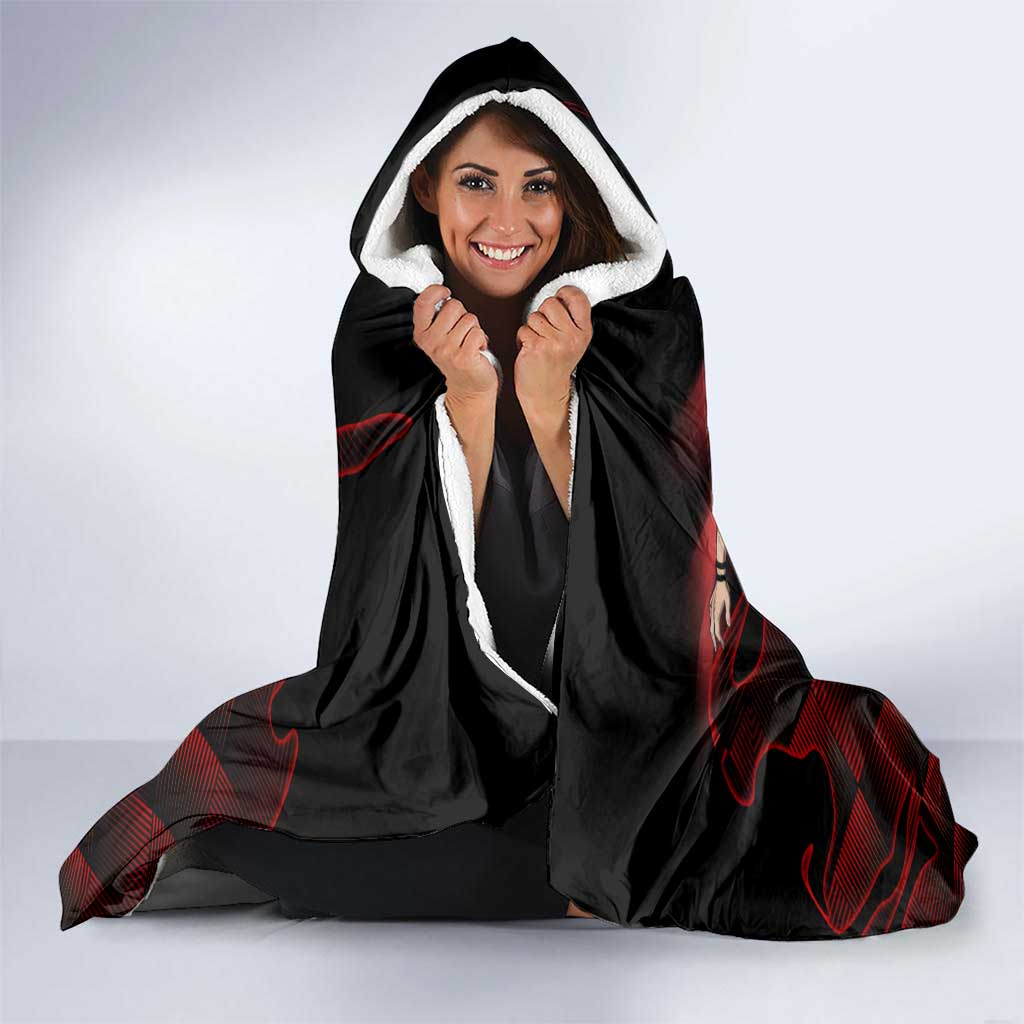 Personalized Sukuna Jujutsu Kaisen Soccer Theme Hooded Blanket with Powerful Kick Pose and Red Black Plaid Graphic Design - The Mazicc