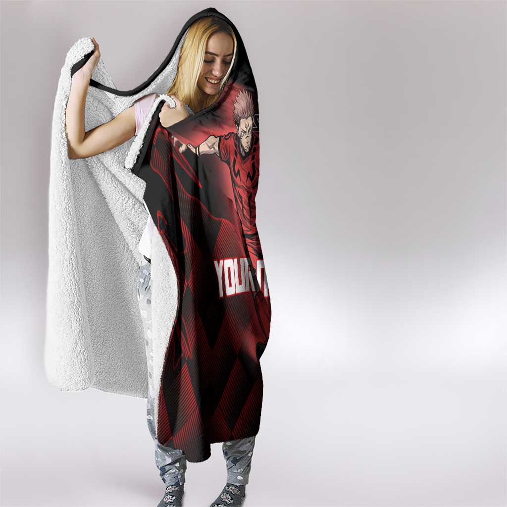 Personalized Sukuna Jujutsu Kaisen Soccer Theme Hooded Blanket with Powerful Kick Pose and Red Black Plaid Graphic Design - The Mazicc