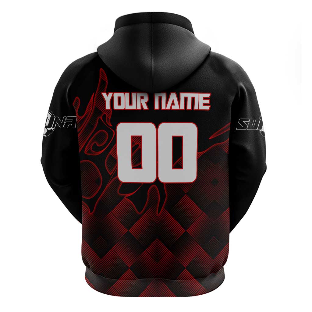 Personalized Sukuna Jujutsu Kaisen Soccer Theme Hoodie with Powerful Kick Pose and Red Black Plaid Graphic Design - The Mazicc