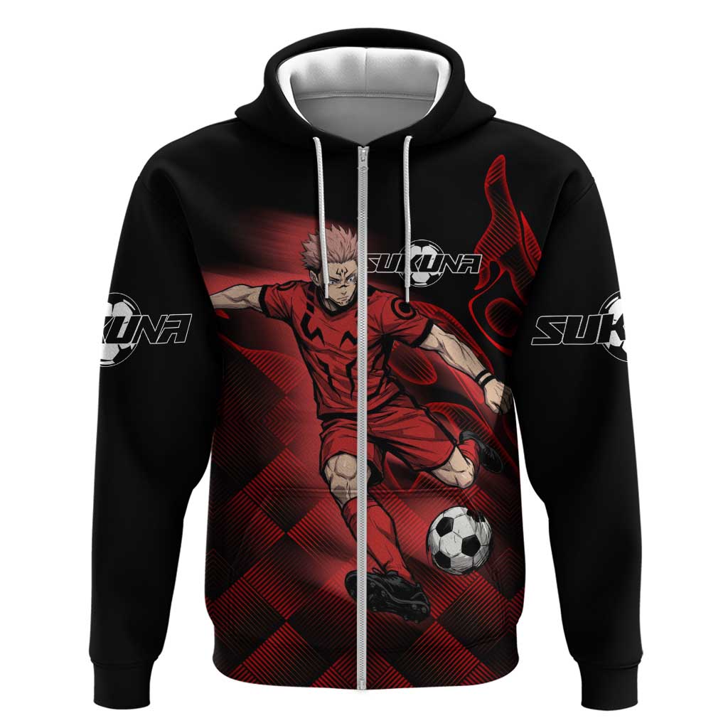 Personalized Sukuna Jujutsu Kaisen Soccer Theme Hoodie with Powerful Kick Pose and Red Black Plaid Graphic Design - The Mazicc