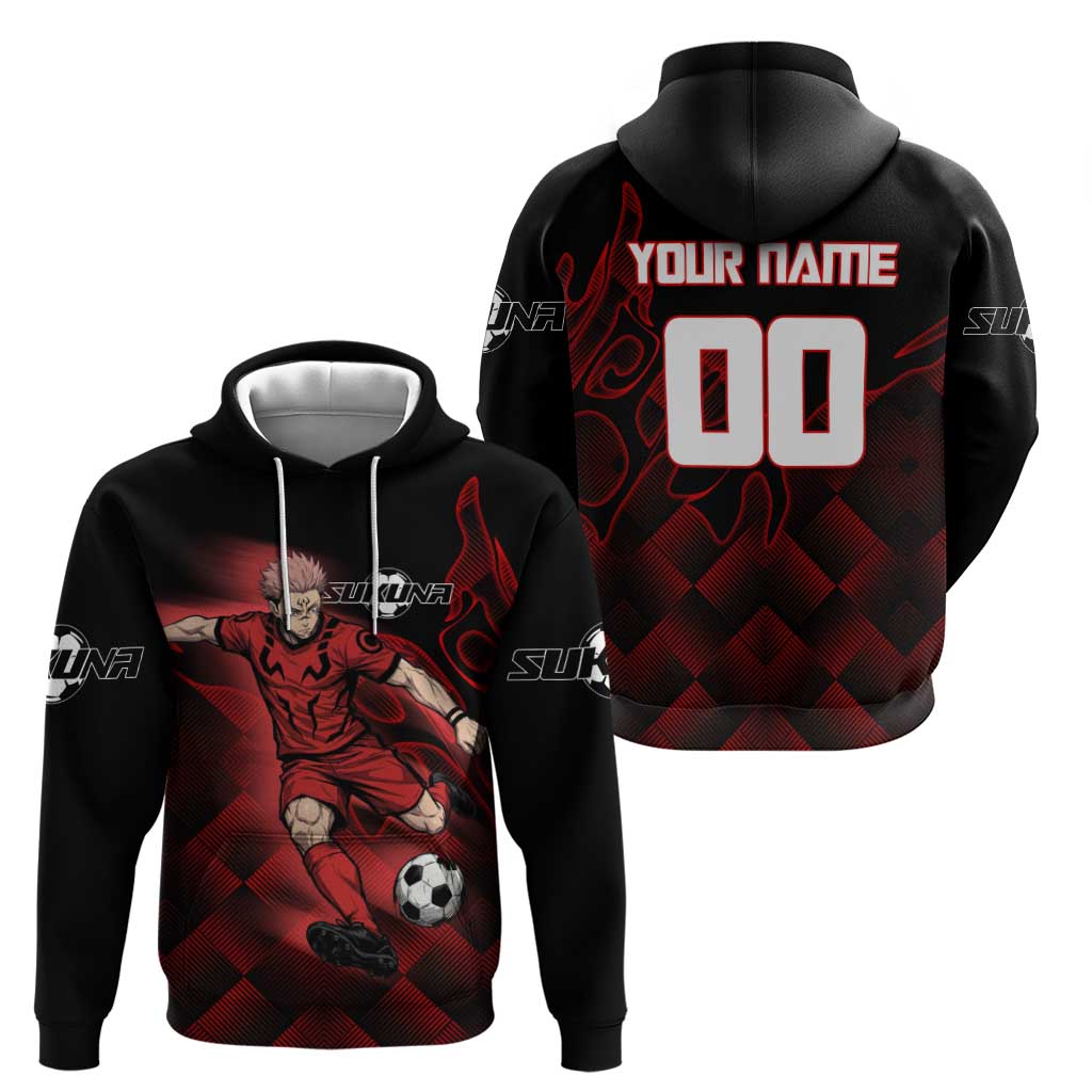 Personalized Sukuna Jujutsu Kaisen Soccer Theme Hoodie with Powerful Kick Pose and Red Black Plaid Graphic Design - The Mazicc