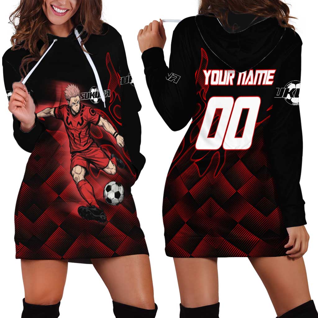 Personalized Sukuna Jujutsu Kaisen Soccer Theme Hoodie Dress with Powerful Kick Pose and Red Black Plaid Graphic Design - The Mazicc
