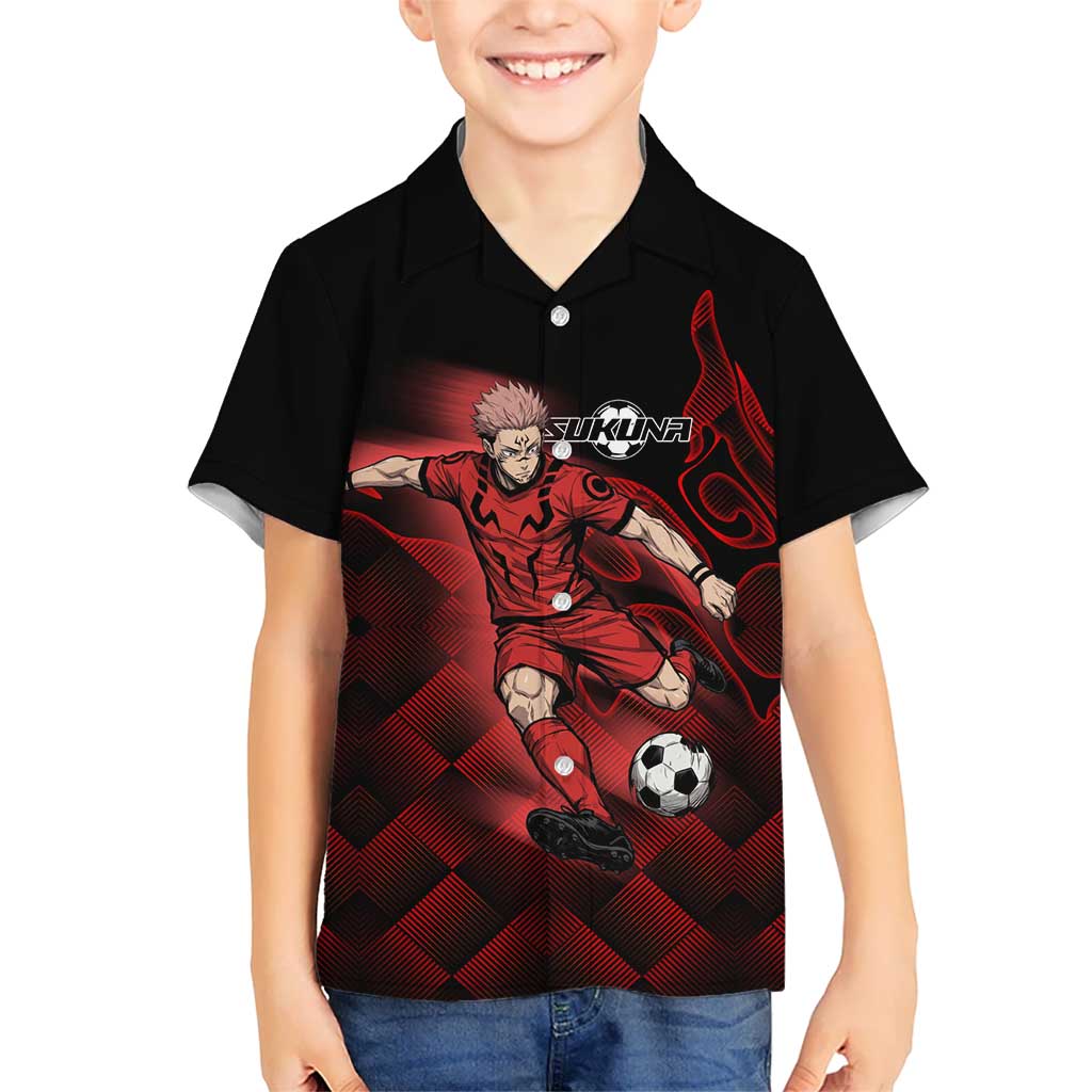Personalized Sukuna Jujutsu Kaisen Soccer Theme Kid Hawaiian Shirt with Powerful Kick Pose and Red Black Plaid Graphic Design - The Mazicc