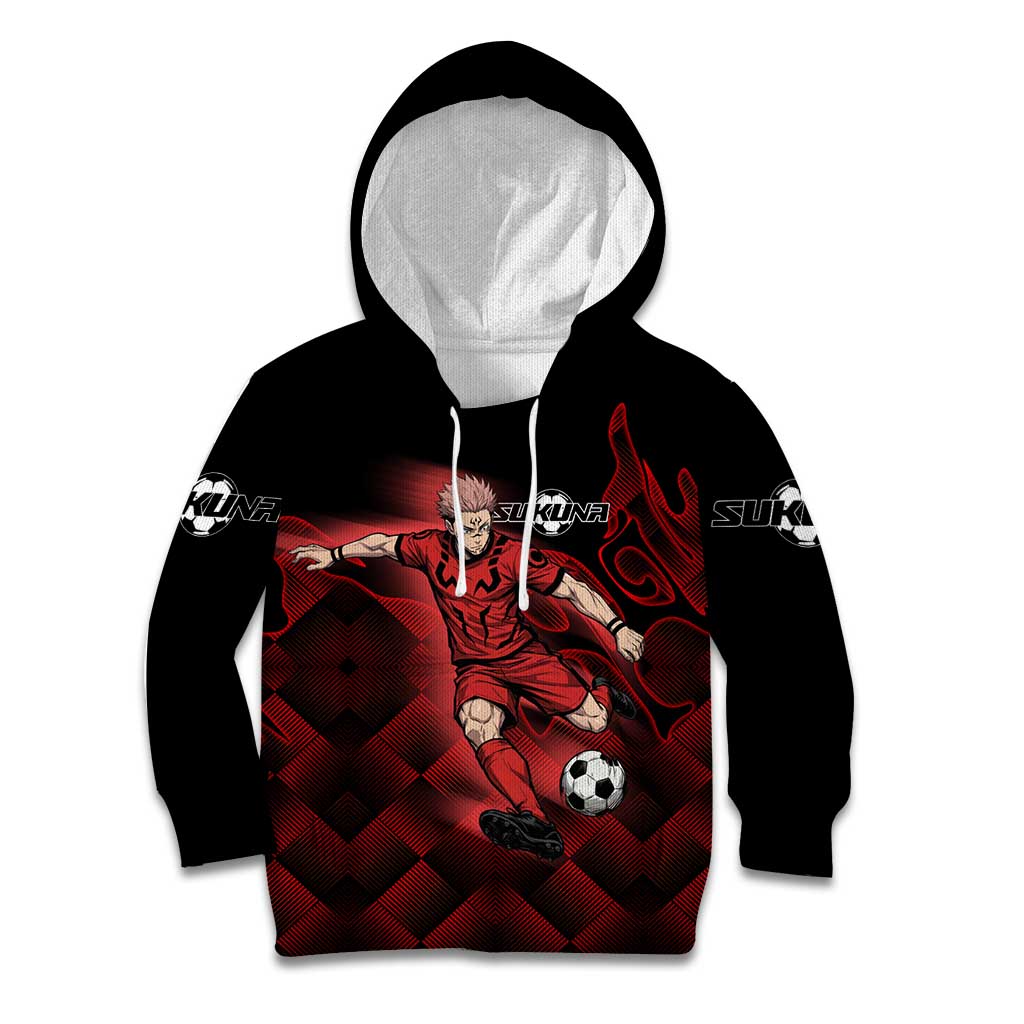 Personalized Sukuna Jujutsu Kaisen Soccer Theme Kid Hoodie with Powerful Kick Pose and Red Black Plaid Graphic Design - The Mazicc