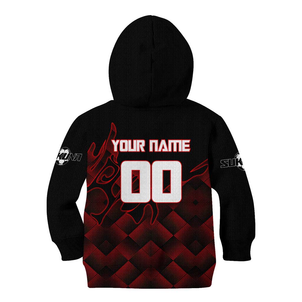 Personalized Sukuna Jujutsu Kaisen Soccer Theme Kid Hoodie with Powerful Kick Pose and Red Black Plaid Graphic Design - The Mazicc
