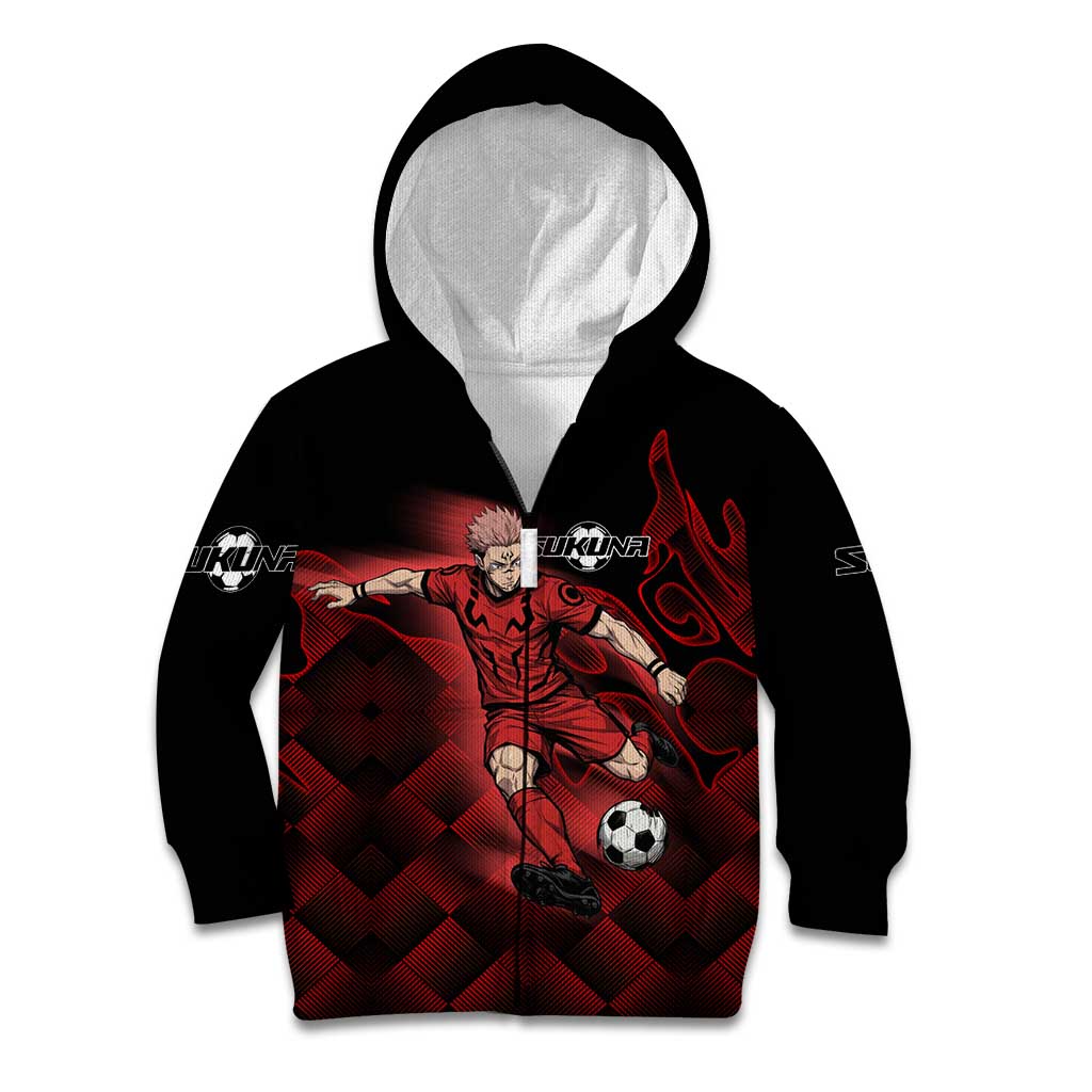 Personalized Sukuna Jujutsu Kaisen Soccer Theme Kid Hoodie with Powerful Kick Pose and Red Black Plaid Graphic Design - The Mazicc