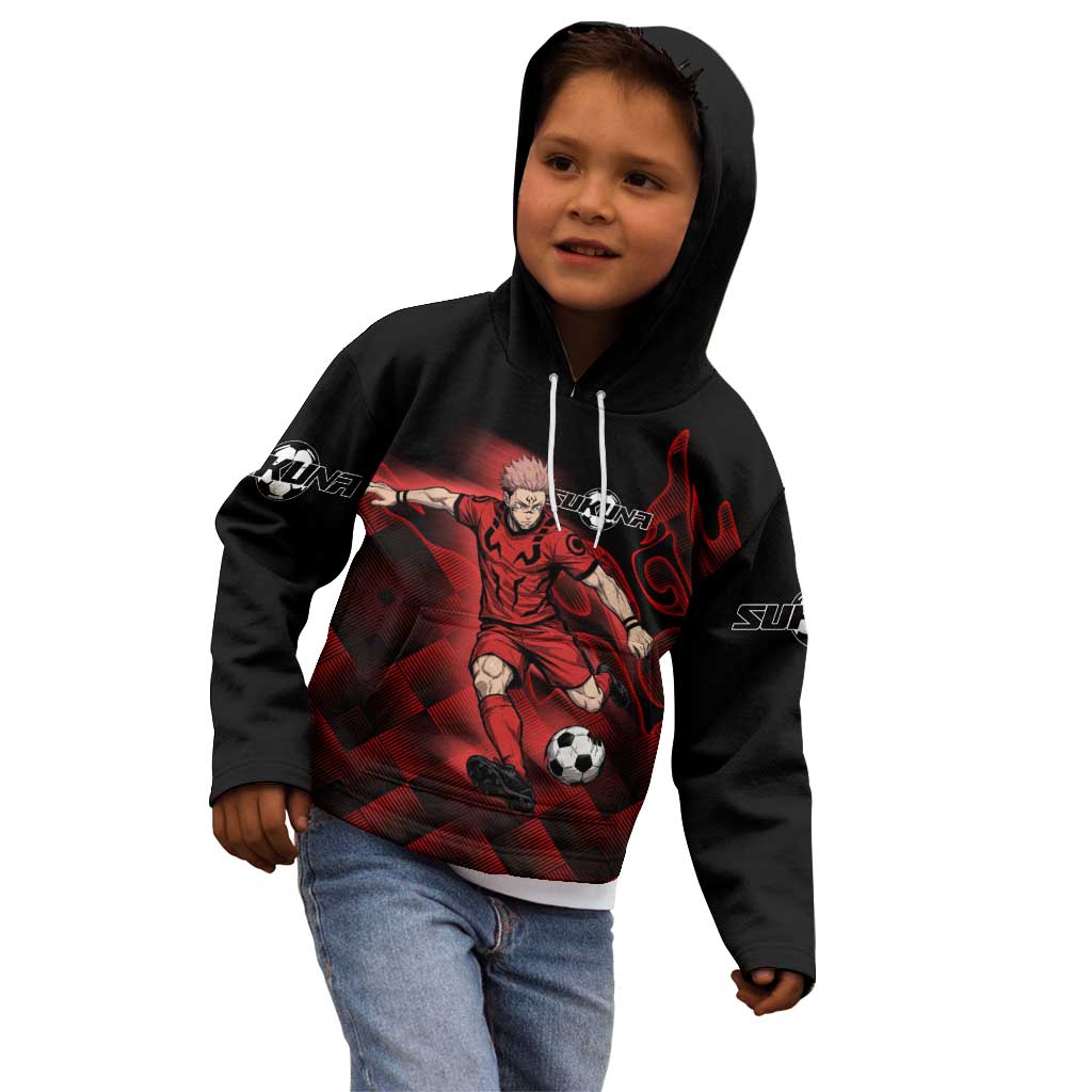 Personalized Sukuna Jujutsu Kaisen Soccer Theme Kid Hoodie with Powerful Kick Pose and Red Black Plaid Graphic Design - The Mazicc