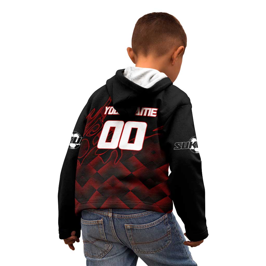 Personalized Sukuna Jujutsu Kaisen Soccer Theme Kid Hoodie with Powerful Kick Pose and Red Black Plaid Graphic Design - The Mazicc