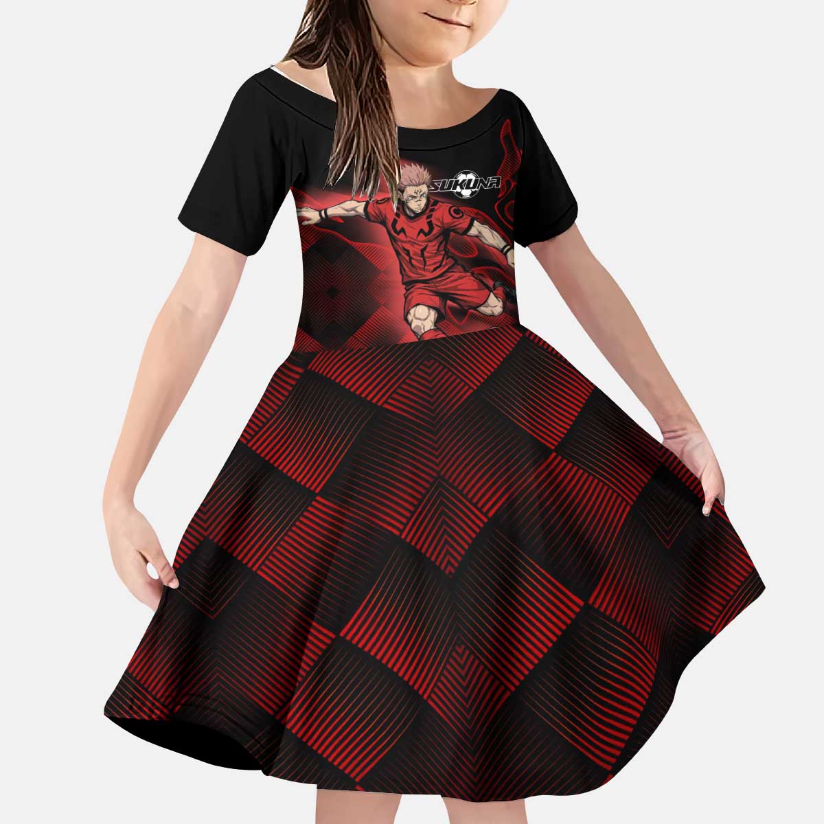 Personalized Sukuna Jujutsu Kaisen Soccer Theme Kid Short Sleeve Dress with Powerful Kick Pose and Red Black Plaid Graphic Design - The Mazicc