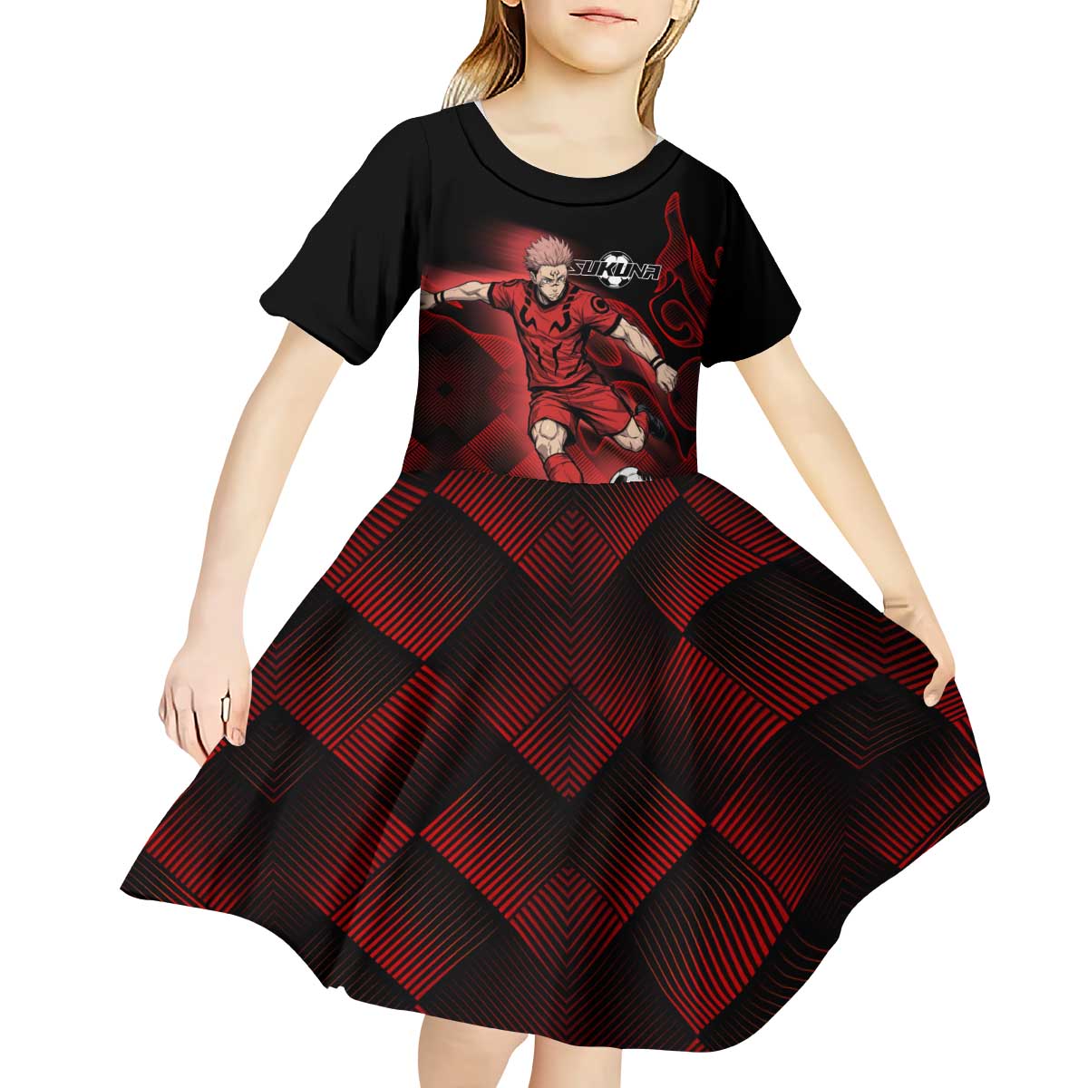 Personalized Sukuna Jujutsu Kaisen Soccer Theme Kid Short Sleeve Dress with Powerful Kick Pose and Red Black Plaid Graphic Design - The Mazicc