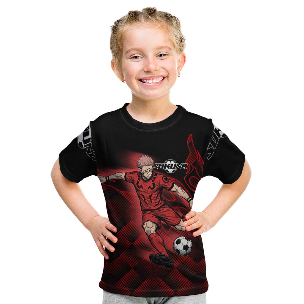 Personalized Sukuna Jujutsu Kaisen Soccer Theme Kid T Shirt with Powerful Kick Pose and Red Black Plaid Graphic Design - The Mazicc
