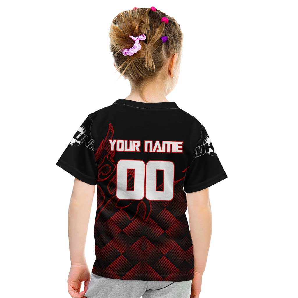 Personalized Sukuna Jujutsu Kaisen Soccer Theme Kid T Shirt with Powerful Kick Pose and Red Black Plaid Graphic Design - The Mazicc