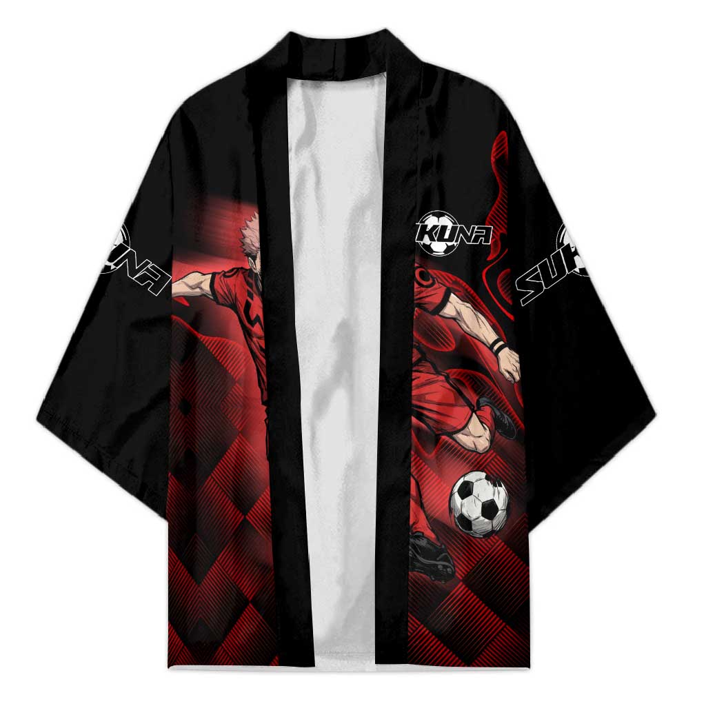 Personalized Sukuna Jujutsu Kaisen Soccer Theme Kimono with Powerful Kick Pose and Red Black Plaid Graphic Design - The Mazicc