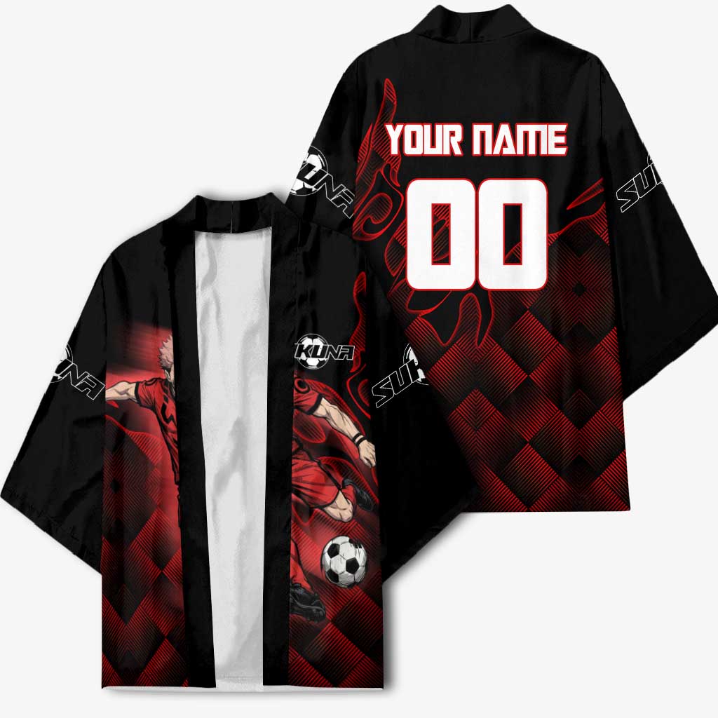 Personalized Sukuna Jujutsu Kaisen Soccer Theme Kimono with Powerful Kick Pose and Red Black Plaid Graphic Design - The Mazicc