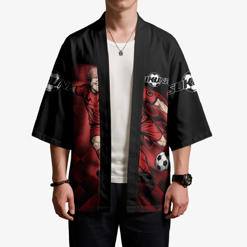 Personalized Sukuna Jujutsu Kaisen Soccer Theme Kimono with Powerful Kick Pose and Red Black Plaid Graphic Design - The Mazicc